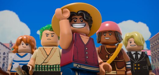 "Group of five LEGO minifigures in colorful outfits posing outdoors with blue sky and clouds, buildings in the background, central figure smiling and wearing a straw hat."